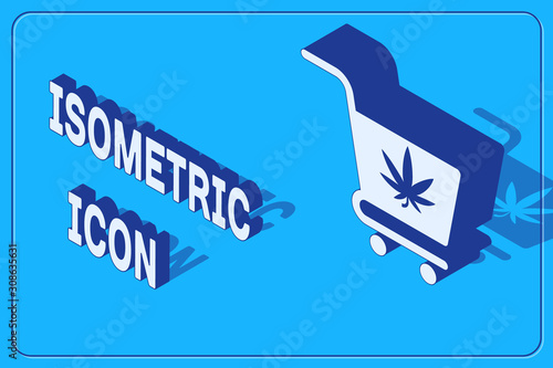 Isometric Shopping cart with marijuana or cannabis leaf icon isolated on blue background. Online buying. Delivery service. Supermarket basket. Vector Illustration