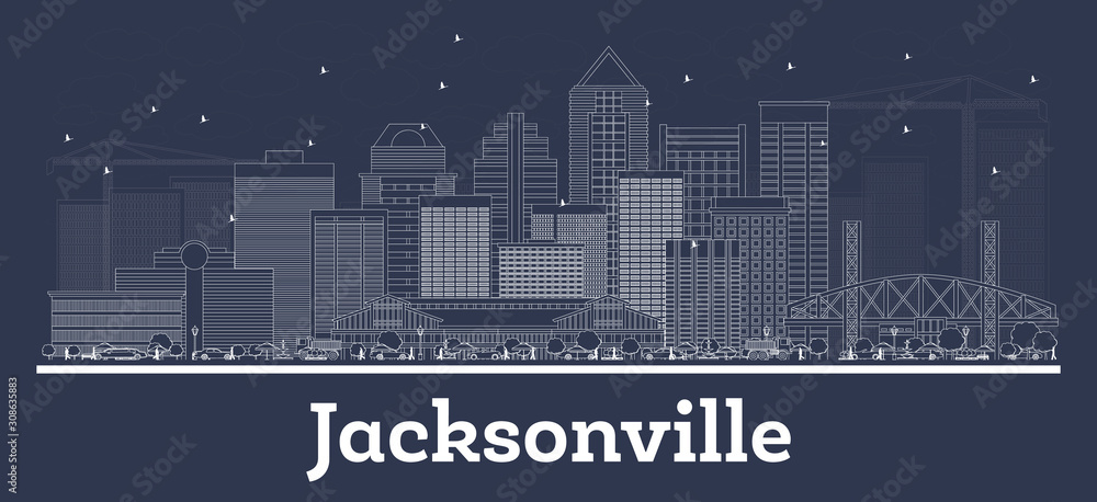 Outline Jacksonville Florida City Skyline with White Buildings.