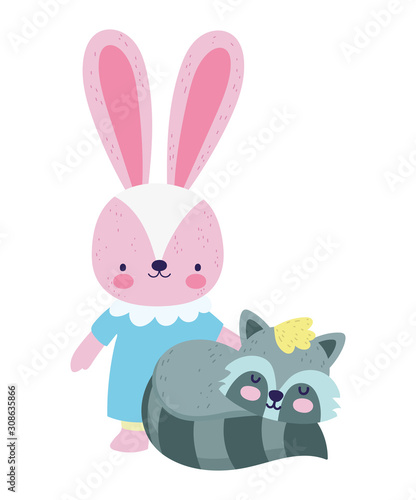 baby shower cute little rabbit and raccoon cartoon