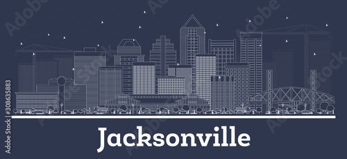 Outline Jacksonville Florida City Skyline with White Buildings.