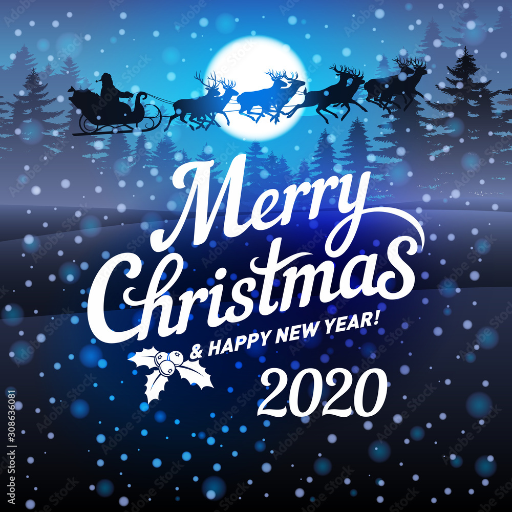Illustration of Winter Night Scene with Christmas Forest. Dark Festive Background with Text Merry Christmas and Happy New Year, Moon and Santa Claus Riding in a Sleigh, Snowfall for Design of Poster
