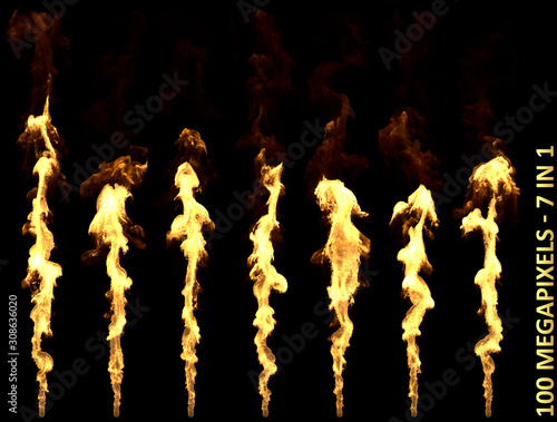 Dragon breath or flamethrower fire - 7 beautiful detailed isolated pictures on black background, large scale 3D illustration of objects