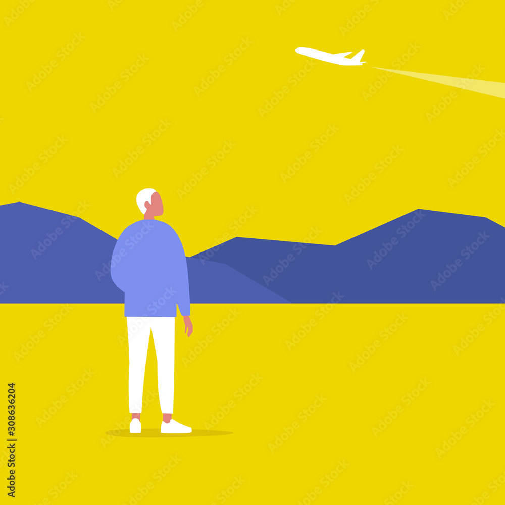 Young male character spotting a plane, outdoor leisure, modern lifestyle Young male character spotting a plane, outdoor leisure, modern lifestyle