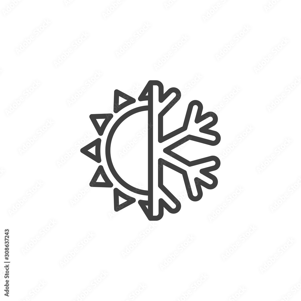 Conditioning system line icon. Sun and snowflake linear style sign for mobile concept and web design. Heat and cool outline vector icon. Climate control symbol, logo illustration. Vector graphics Conditioning system line icon. Sun and snowflake linear style sign for mobile concept and web design. Heat and cool outline vector icon. Climate control symbol, logo illustration. Vector graphics