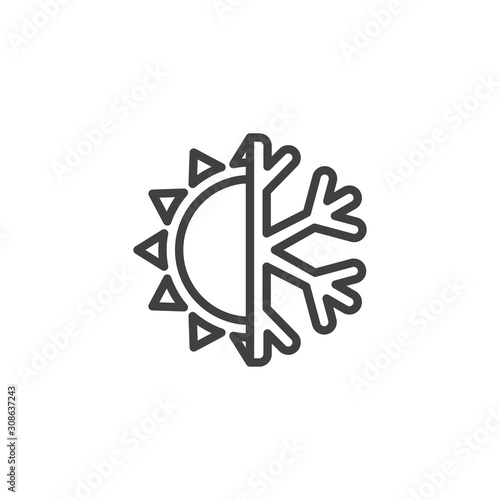 Conditioning system line icon. Sun and snowflake linear style sign for mobile concept and web design. Heat and cool outline vector icon. Climate control symbol, logo illustration. Vector graphics