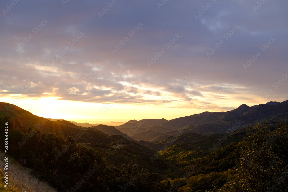 Sunrise morning landscape on a green forest mountain valley in Catalonia mountains