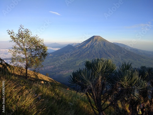 INDONESIA. AGUST 27, 2017. Camping trip tent on holiday, Adventures Camping tourism and tent with beautiful sunrise in place for camping at Mount Sumbing.