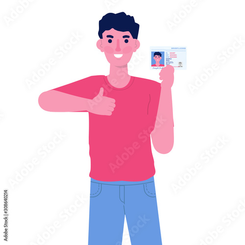 Man holding in hand car driver license plastic card. Vector illustration