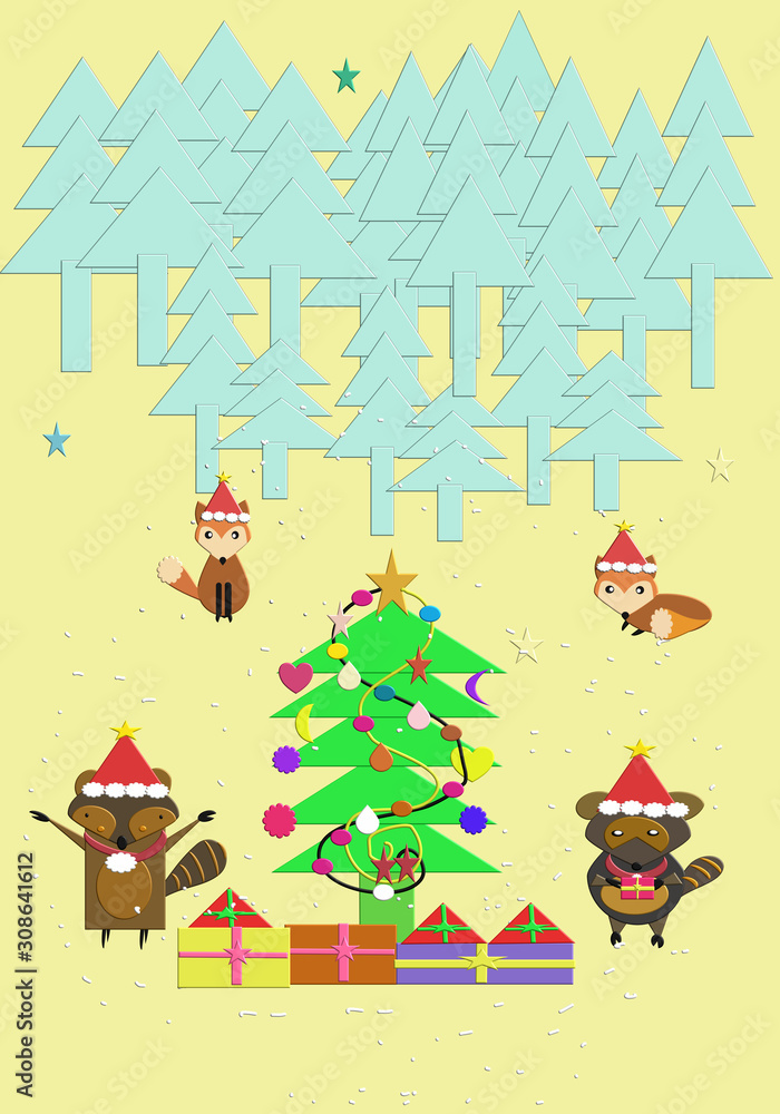 christmas card with tree and gifts Cute animals on christmas day christmas card with tree and gifts Cute animals on christmas day