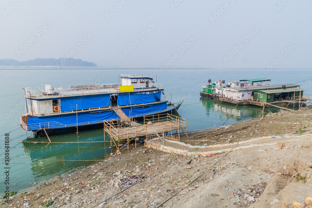 Boats at Brahmaputra river in Guwahati, India