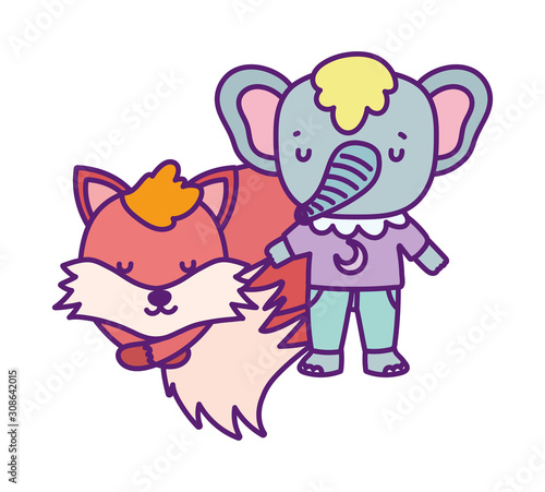 baby shower cute elephant with clothes and sleeping fox