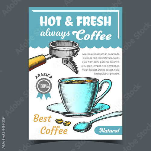 Coffee Cup On Saucer With Spoon Banner Vector. Hot And Fresh Natural Energy Espresso In Mug, Coffee Grains And Holder. Morning Hot Drink Concept Template Hand Drawn In Vintage Style Color Illustration