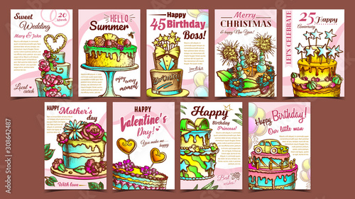 Cake Pie Delicious Collection Posters Set Vector. Birthday Anniversary, Valentine And Wedding Day Celebrating Sweet Cake Concept Template Hand Drawn In Vintage Style Colored Illustrations