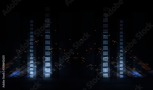 Empty background scene. Dark street reflection on wet asphalt. Rays of neon light in the dark, neon figures, smoke. Background of empty stage show. Abstract dark background. photo