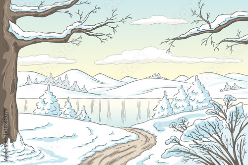 Cartoon winter landscape. Hand drawn vector illustration with separate layers.