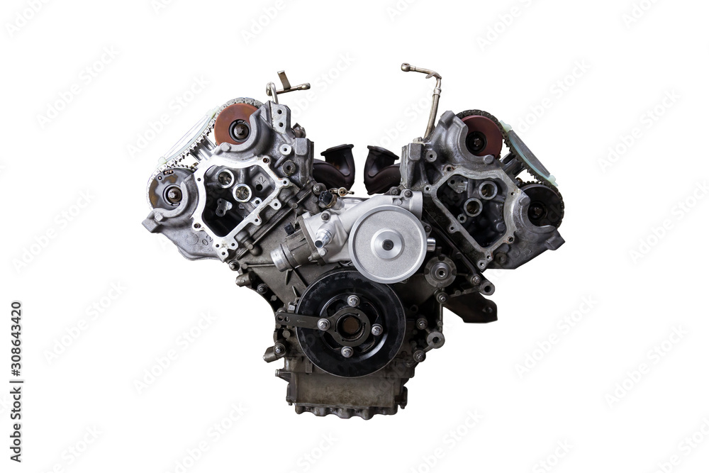 V-shaped engine with six or eight cylinders made of aluminum and metal during repair or replacement on a guarantee on a white isolated background. V-shaped engine with six or eight cylinders made of aluminum and metal during repair or replacement on a guarantee on a white isolated background.