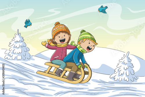 Two kids go sledging. Hand drawn vector illustration with separate layers.