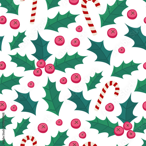 Christmas seamless background with holly and berries. Vector