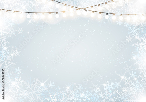 Winter frame with snowflakes and hanging fairy lights