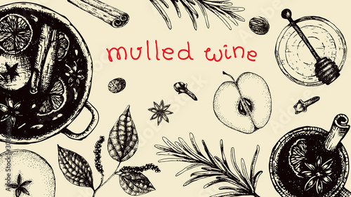 Stock vector illustration mulled wine Merry Christmas Menu template top view. Hot alcohol drink and ingredients for mulled wine spices, herbs, fruits. Winter beverage banner for cafe, bar 