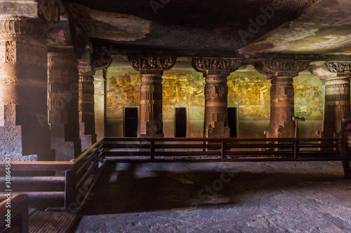 AJANTA  INDIA - FEBRUARY 6  2017  Interior of a Buddhist cave carved into a cliff in Ajanta  Maharasthra state  India