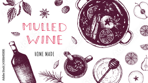 Stock vector illustration mulled wine Merry Christmas Menu template top view. Hot alcohol drink and ingredients for mulled wine spices, herbs, fruits. Winter beverage banner for home cafe 