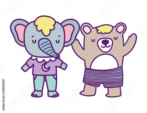baby shower cute elephant and bear with clothes cartoon