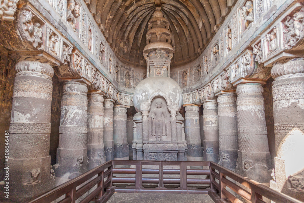 Buddhist chaitya (prayer hall), cave 19, carved into a cliff in Ajanta, Maharasthra state, India