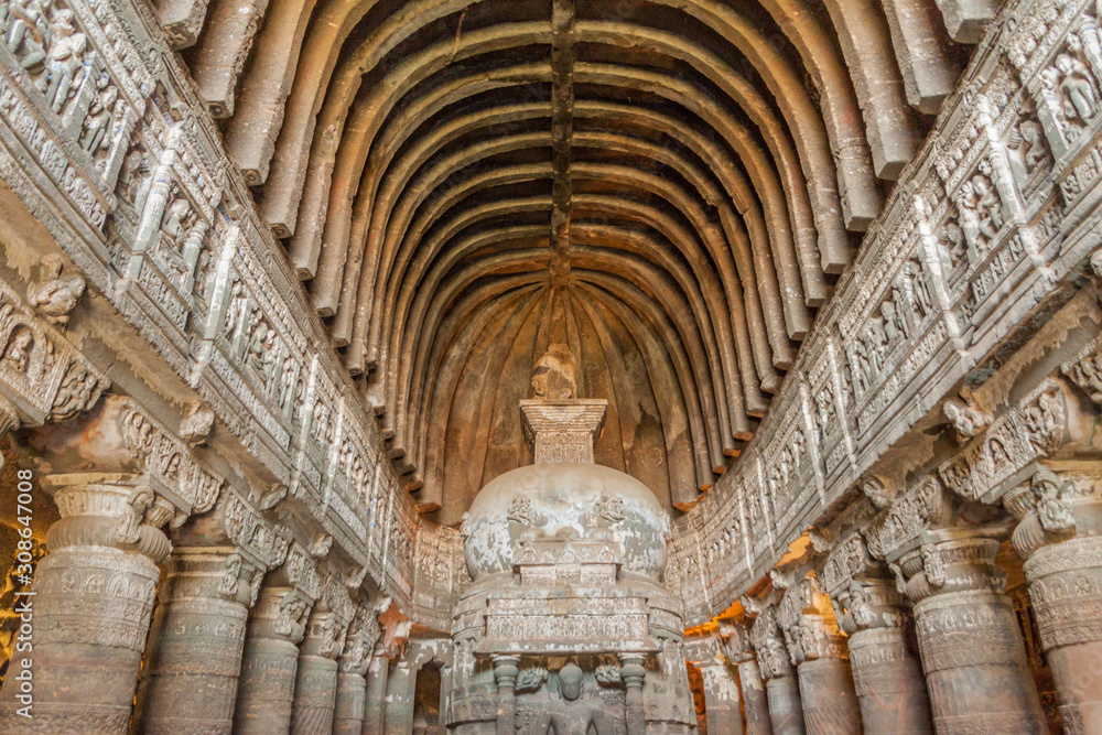 Chaitya (prayer hall), cave 26, carved into a cliff in Ajanta, Maharasthra state, India