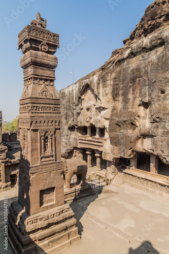 Pillar at Kailasa Temple in Ellora, Maharasthra state, India photo