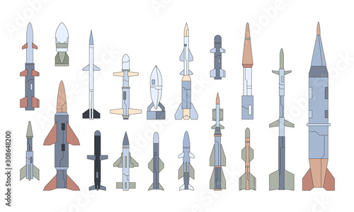 Different guided flying weapon flat illustrations set