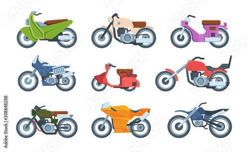 Modern and retro motorbikes flat illustrations set.