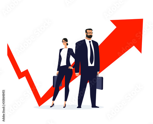 Man and woman on the background of an arrow going up. The concept of crisis management, teamwork. A group of strong, successful businessmen. Cartoon flat vector isolated on a white background