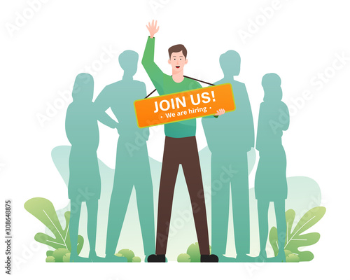 We are hiring concept with man holding join us banner