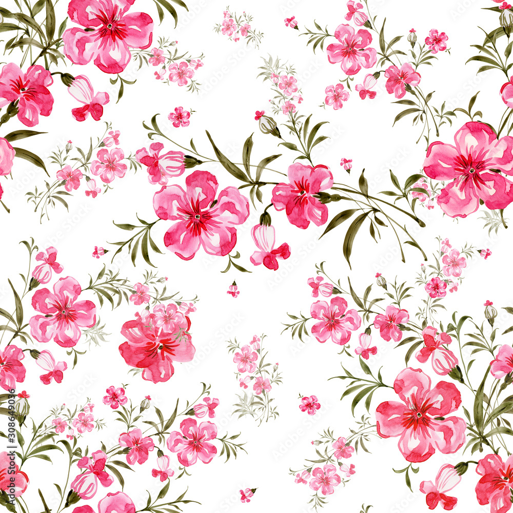 Watercolor seamless pattern of delicate flowers.