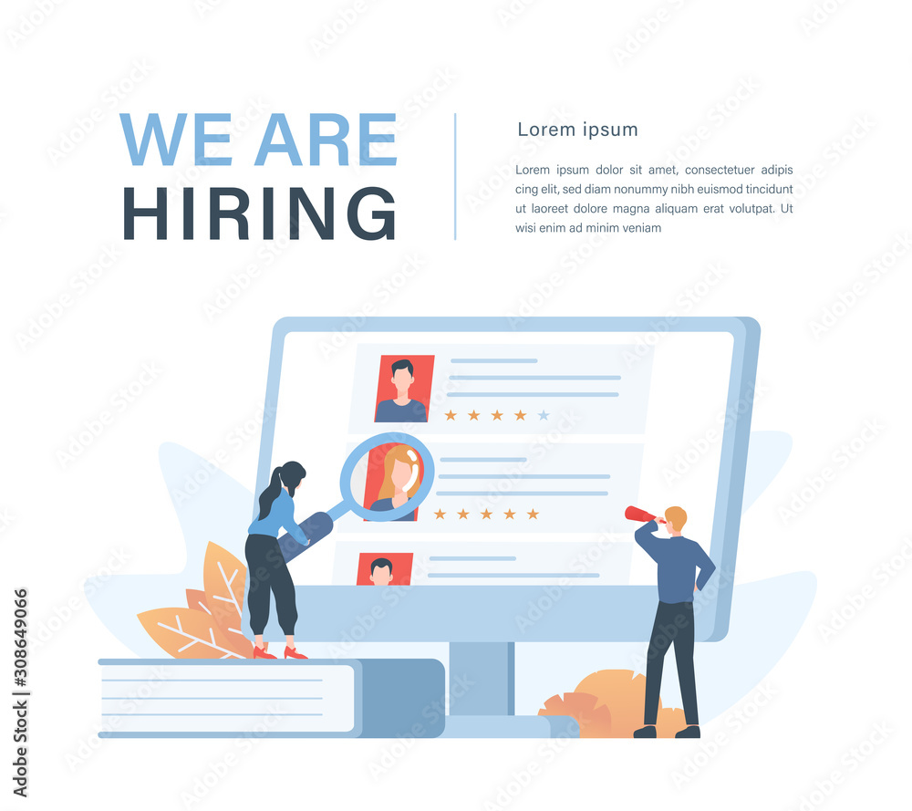 Staffing and recruiting business concept with illustration of corporate recruiter choosing employee candidates Staffing and recruiting business concept with illustration of corporate recruiter choosing employee candidates