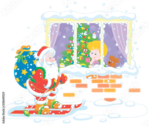 The night before Christmas, a little boy looking through a window at Santa Claus skiing with his big bag of holiday gifts, vector cartoon illustration