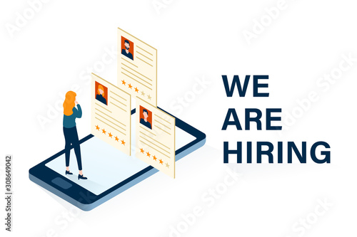 We are hiring concept with illustration of woman choosing employee candidate. Staffing and recruiting business concept