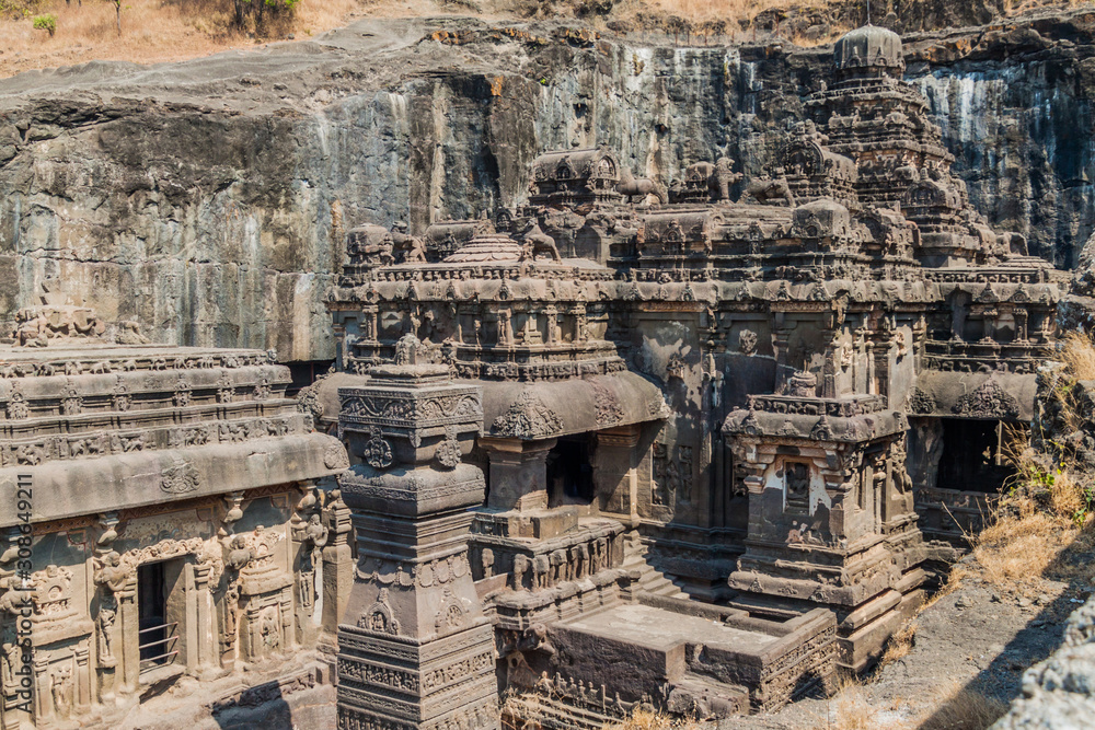 Carved Kailasa Temple in Ellora, Maharasthra state, India