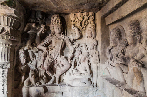 ELLORA, INDIA - FEBRUARY 7, 2017: Carvings in a cave monastery in Ellora, Maharasthra state, India photo