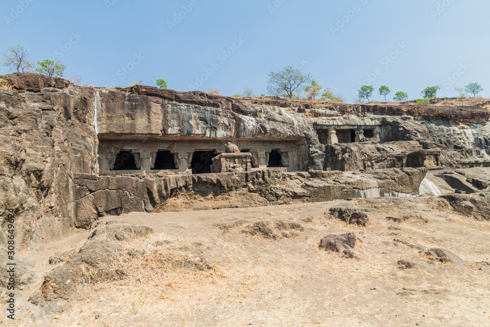 Caves carved in a cliff in Ellora, Maharasthra state, India