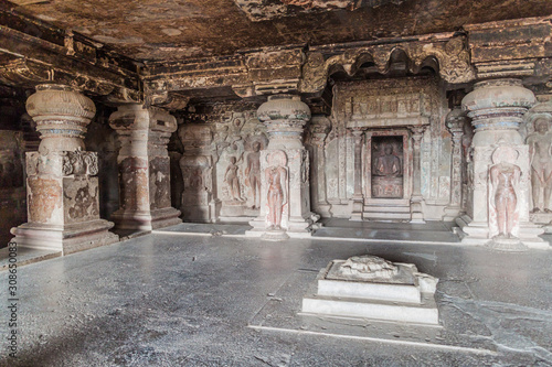 ELLORA, INDIA - FEBRUARY 7, 2017: Interior of Indra Sabha Jain cave in Ellora, Maharasthra state, India photo