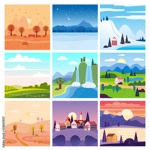 Calendar set landscape winter, spring, summer, autumn in flat minimal simple style