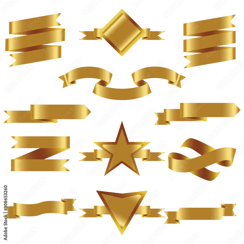 GOLD Ribbon Set In Isolated For Celebration And Winner Award Banner ...