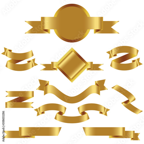 GOLD Ribbon Set In Isolated For Celebration And Winner Award Banner White Background, Vector Illustration