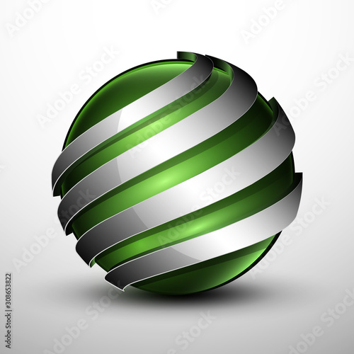 3d logo.Green sphere with a metal sections