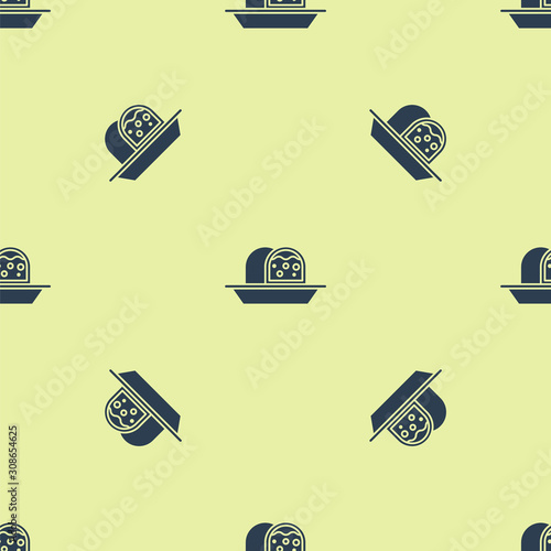 Blue Marzipan sponge cake icon isolated seamless pattern on yellow background. Merry Christmas and Happy New Year. Vector Illustration