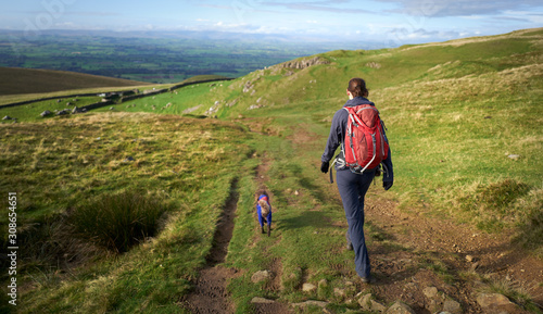 Принти на полотні A female hiker walking their dog along a rough trail leading from High Cup Nick towards Dufton