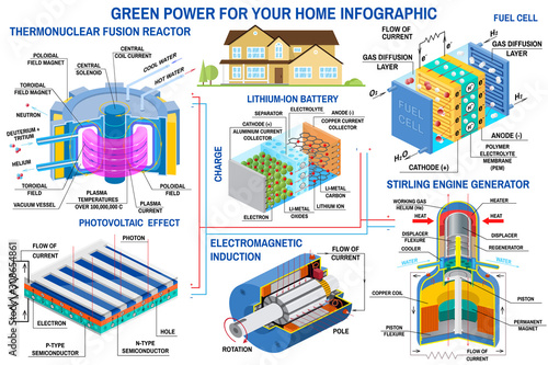 Green power infographic. Fusion reactor, turbine, solar panel, battery, stirling engine generator, fuel cell Vector. Clean, alternative energy.