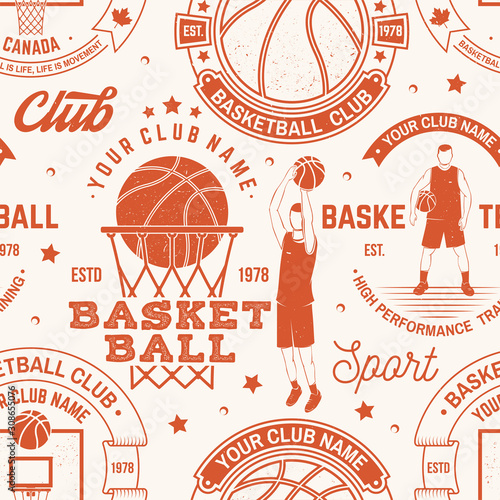 Basketball club seamless pattern or background. Vector. Seamless sport pattern with basketball ball, basket, hoop and player silhouette. Basketball sport club texture.